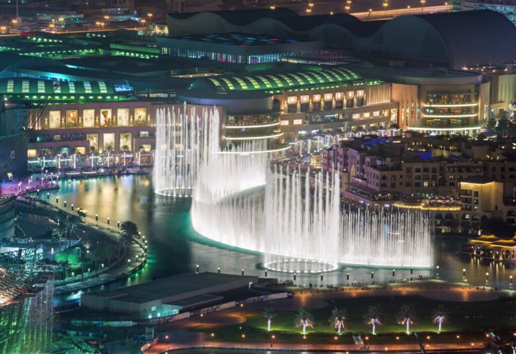 The Dubai Fountain, located at the base of the Burj Khalifa